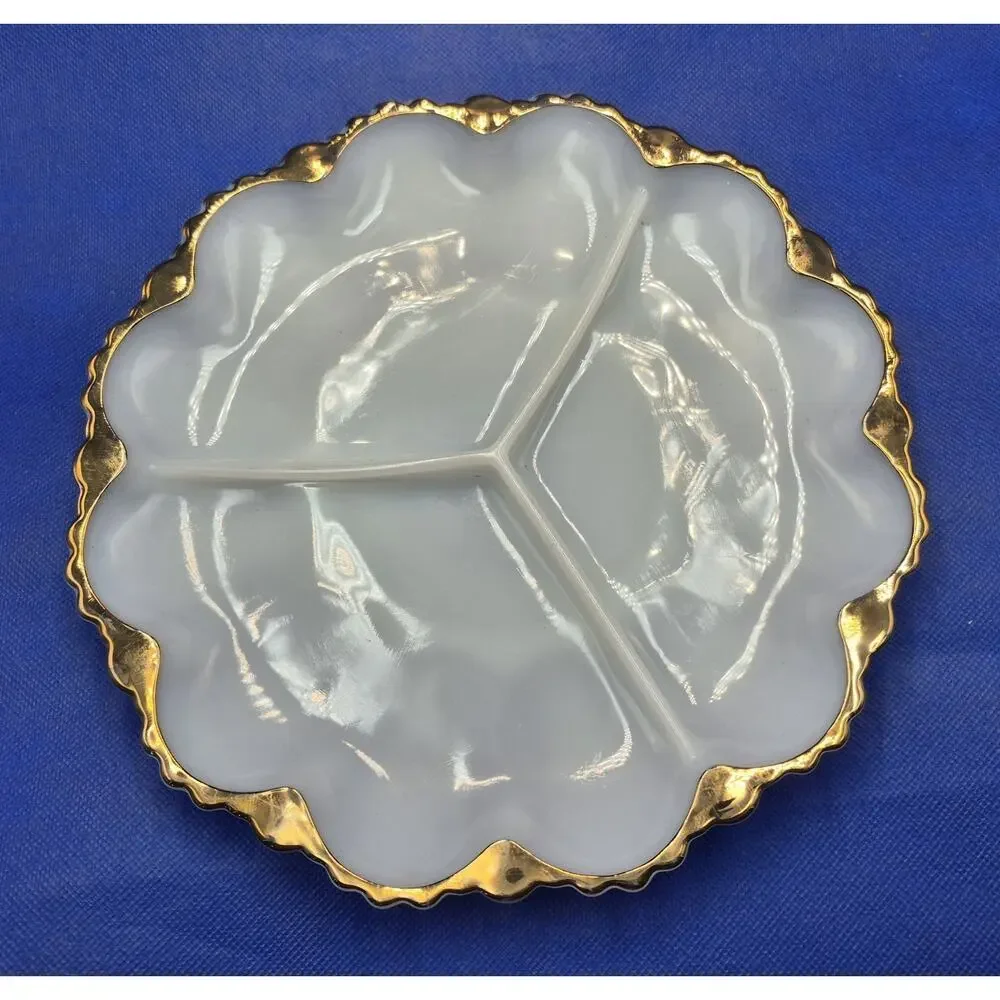 Vtg Anchor Hocking Milk Glass Divided Relish Dish Gold Trim Scalloped Rim 10